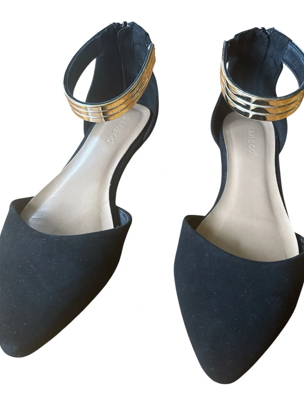 Bamboo Black Velvet Pointed Toe Ankle Strap Flats with Gold Accent Size 8